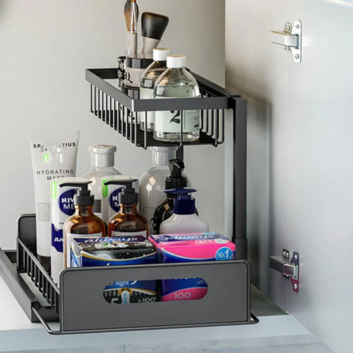 Removable Kitchen Cabinet Sink Storage Rack with Drawable Basket Organizer Shelf