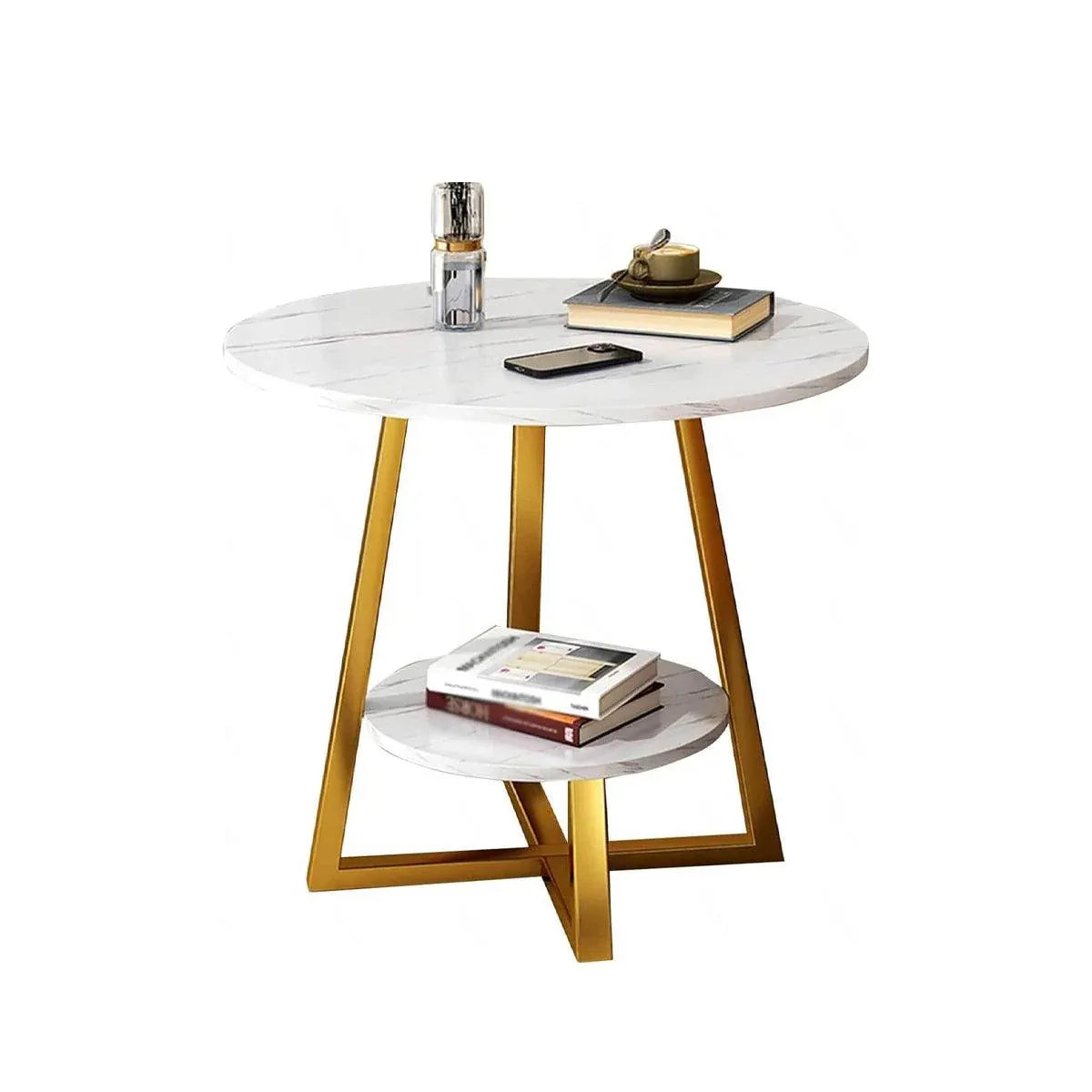 Round Side Table 2 Tier White Nightstand Coffee Sofa End Table Marble Design