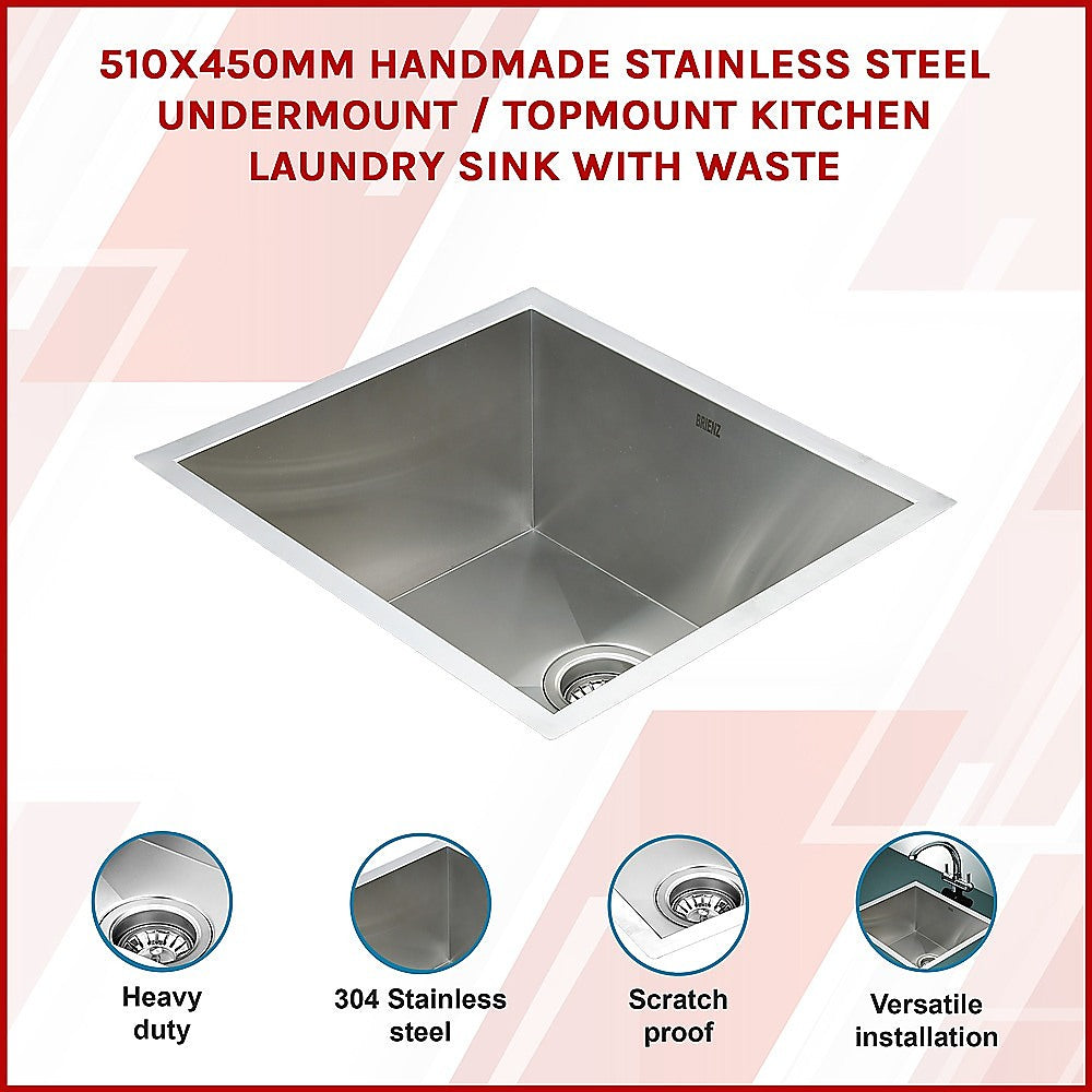 510x450mm Handmade Stainless Steel Undermount / Topmount