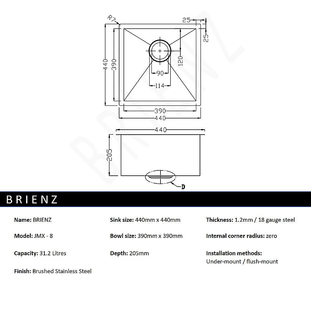 440x440mm Handmade Stainless Steel Undermount / Topmount