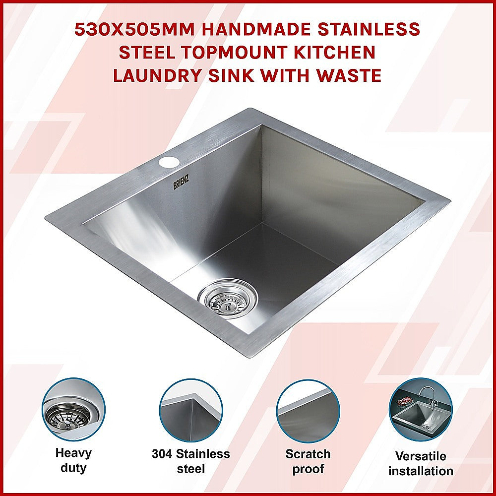 530x505mm Handmade Stainless Steel Topmount Kitchen Laundry