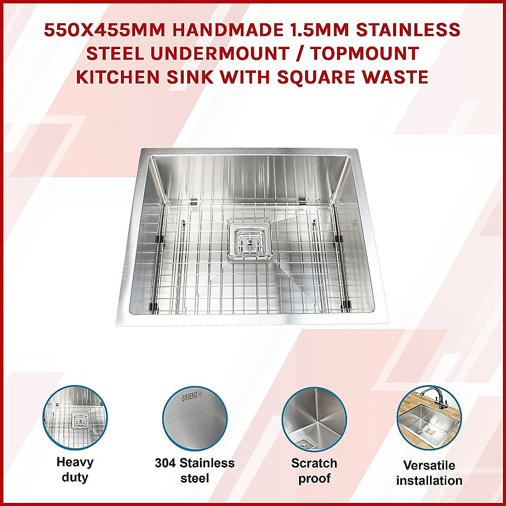 550x455mm Handmade 1.5mm Stainless Steel Undermount / Topmount