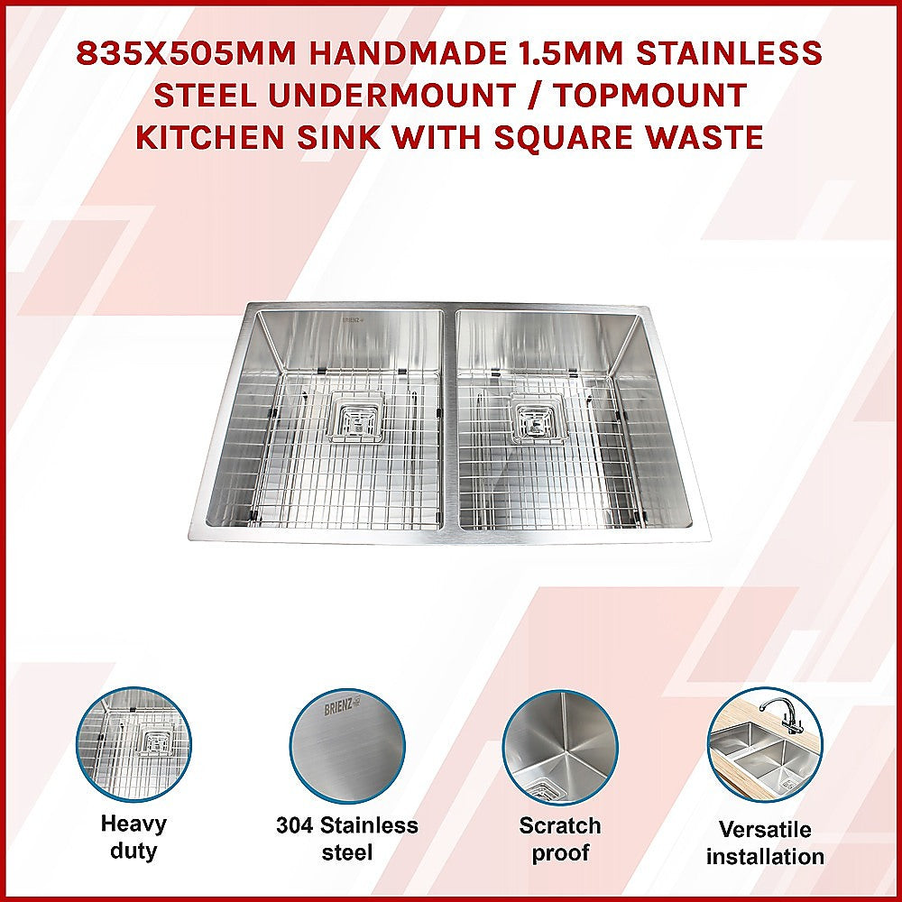 835x505mm Handmade 1.5mm Stainless Steel Undermount / Topmount