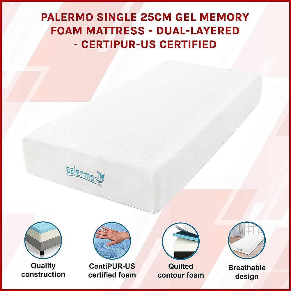 Single 25cm Gel Memory Foam Mattress – Dual-Layered Comfort with CertiPUR-US® Certified Foam