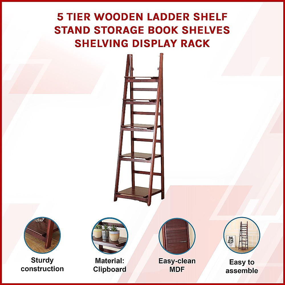 5 Tier Wooden Ladder Shelf Stand Storage Book Shelves Shelving