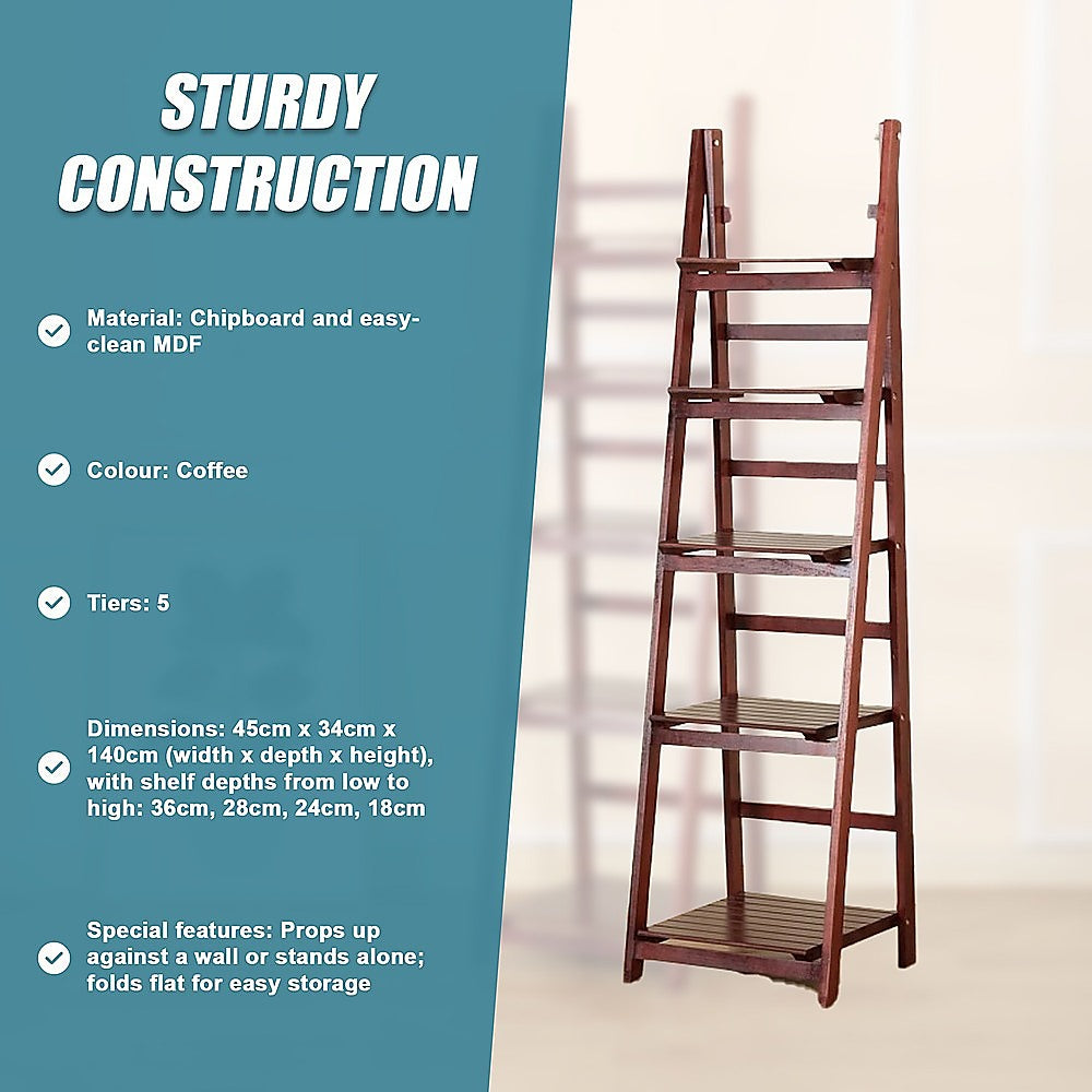 5 Tier Wooden Ladder Shelf Stand Storage Book Shelves Shelving