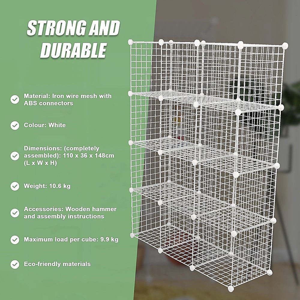 12 Cube Wire Grid Organiser Bookcase Storage Cabinet Wardrobe Closet White