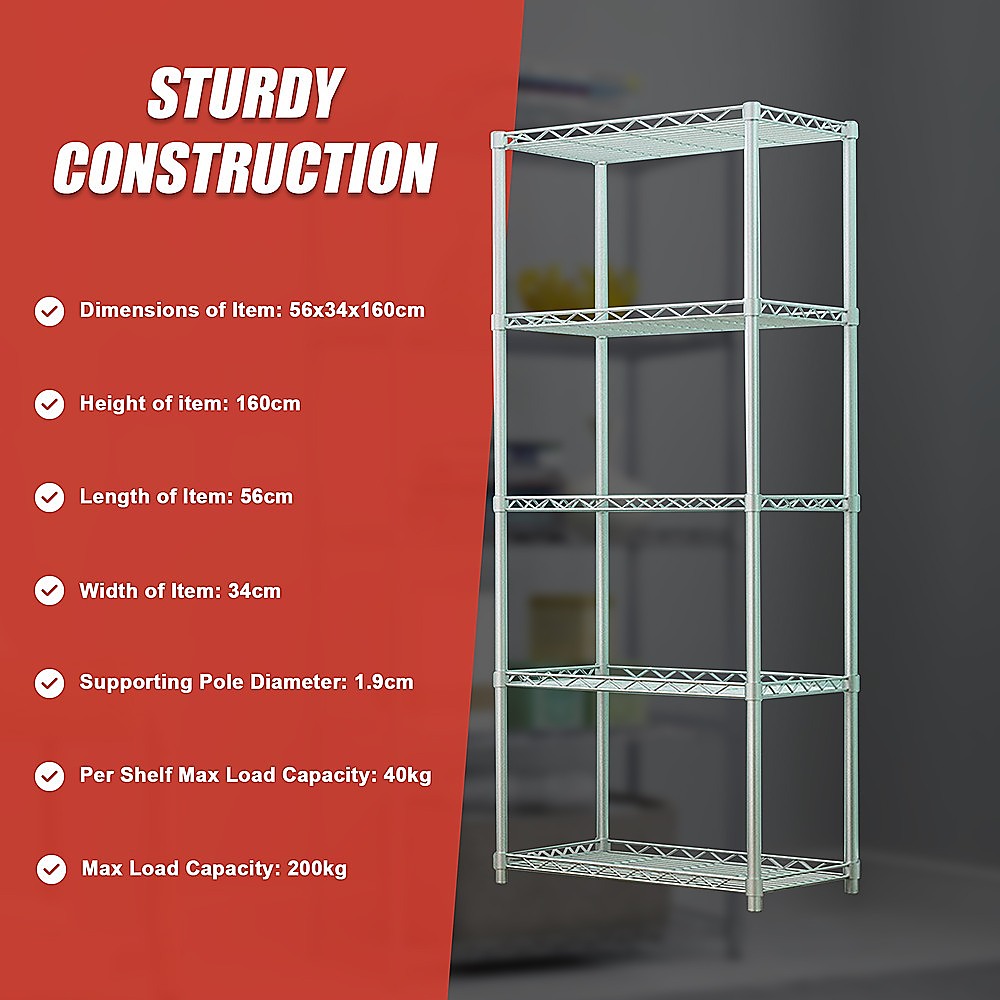 5 Tier Silver Metal Storage Rack Shelving Wire Shelf
