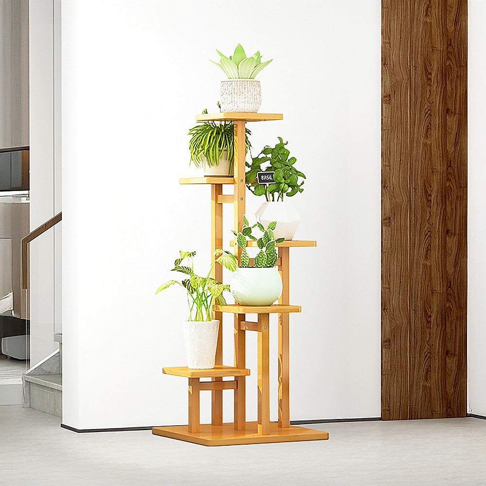 5 Tiers Vertical Bamboo Plant Stand Staged Flower Shelf Rack Outdoor Garden