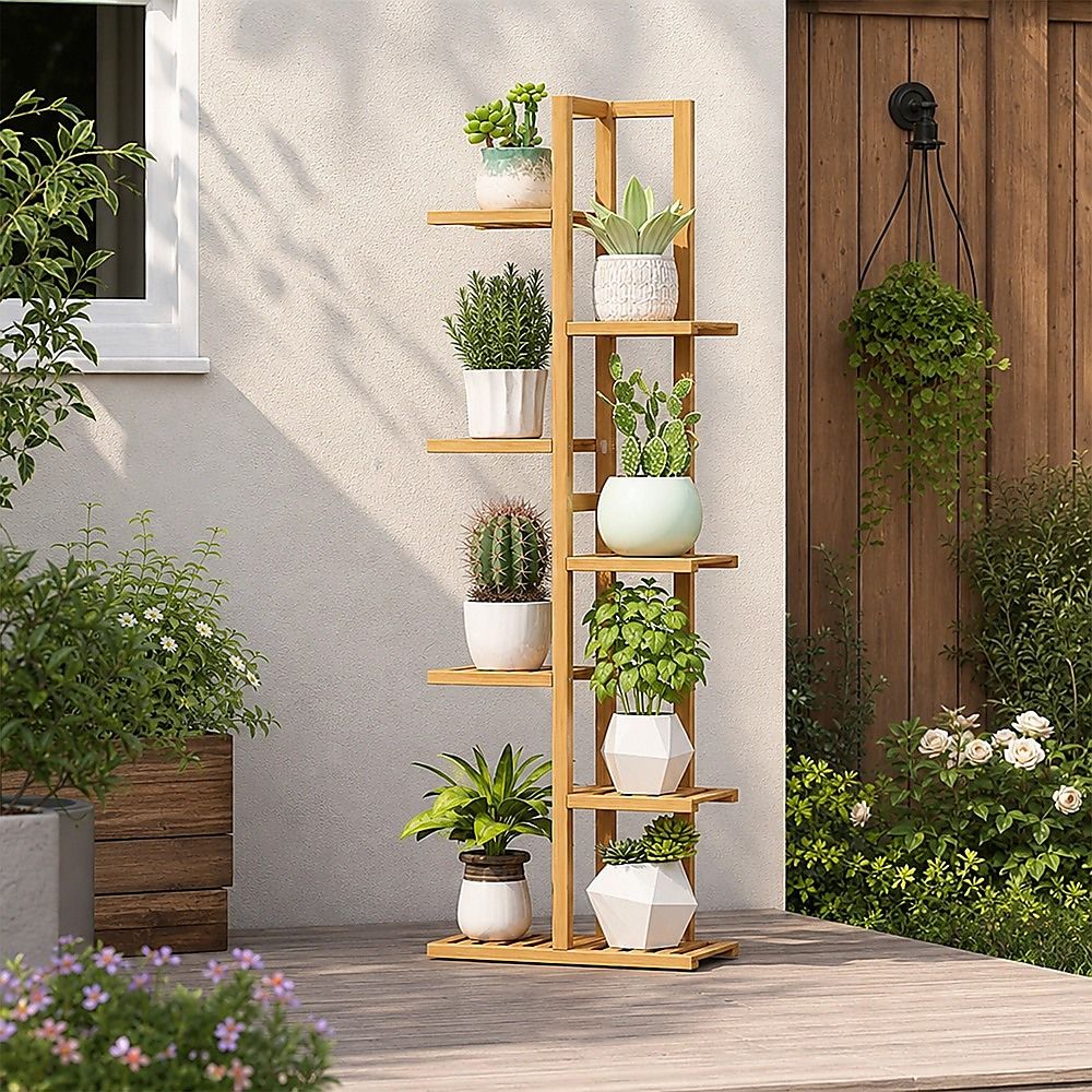 6 Tiers Vertical Bamboo Plant Stand Staged Flower Shelf Rack Outdoor Garden