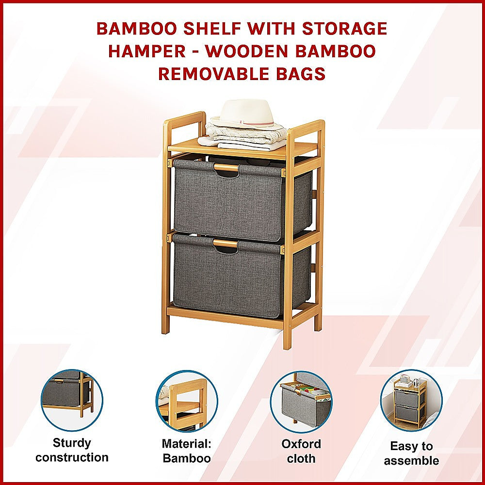 Bamboo Shelf with Storage Hamper – Wooden Organiser with 2 Laundry Bags