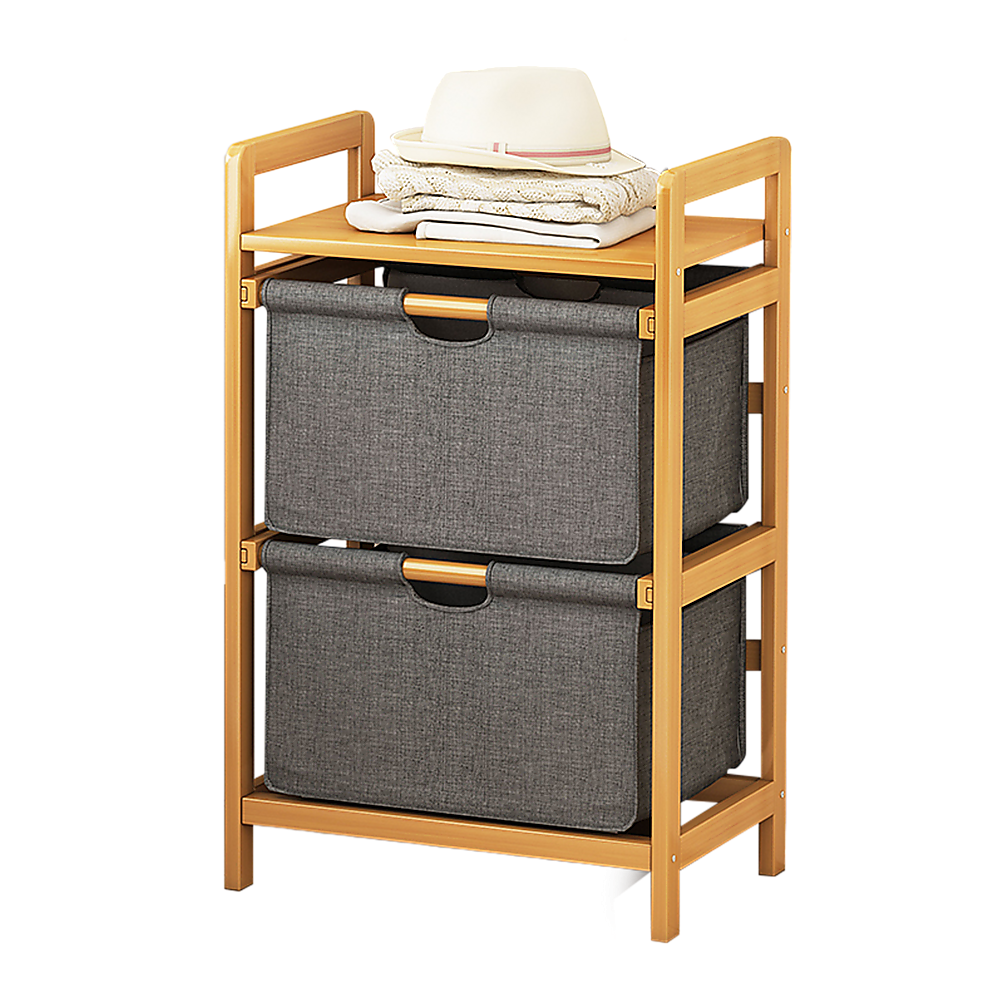 Bamboo Shelf with Storage Hamper – Wooden Organiser with 2 Laundry Bags
