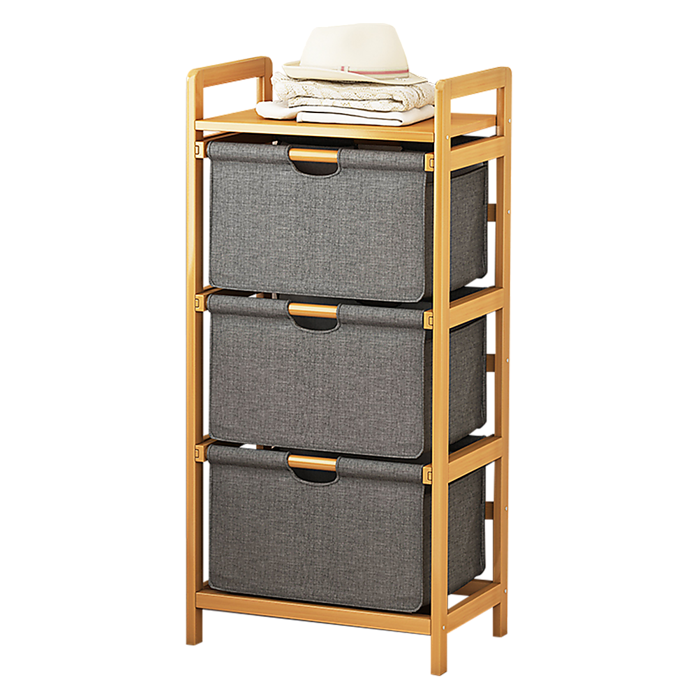Bamboo Shelf with Storage Hamper – Wooden Organiser with 3 Laundry Bags