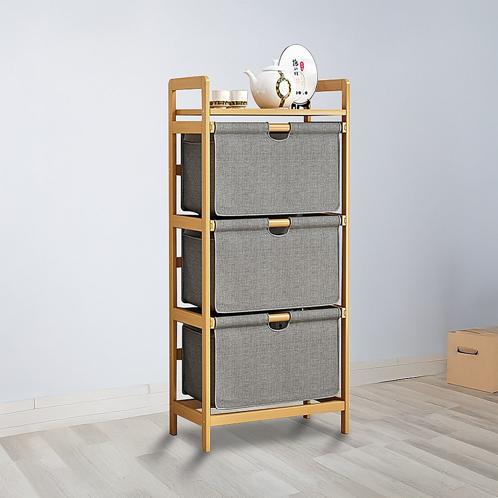 Bamboo Shelf with Storage Hamper – Wooden Organiser with 3 Laundry Bags