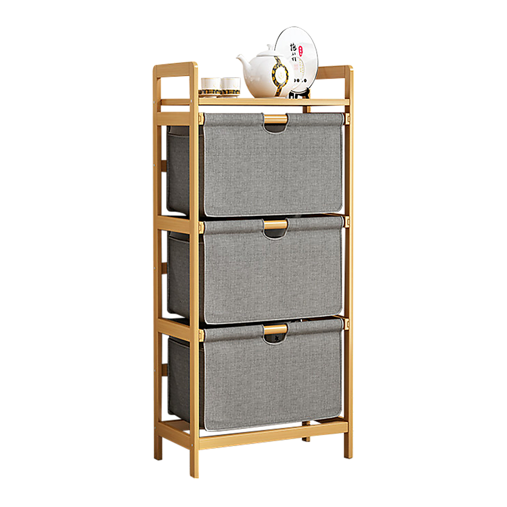 Bamboo Shelf with Storage Hamper – Wooden Organiser with 3 Laundry Bags