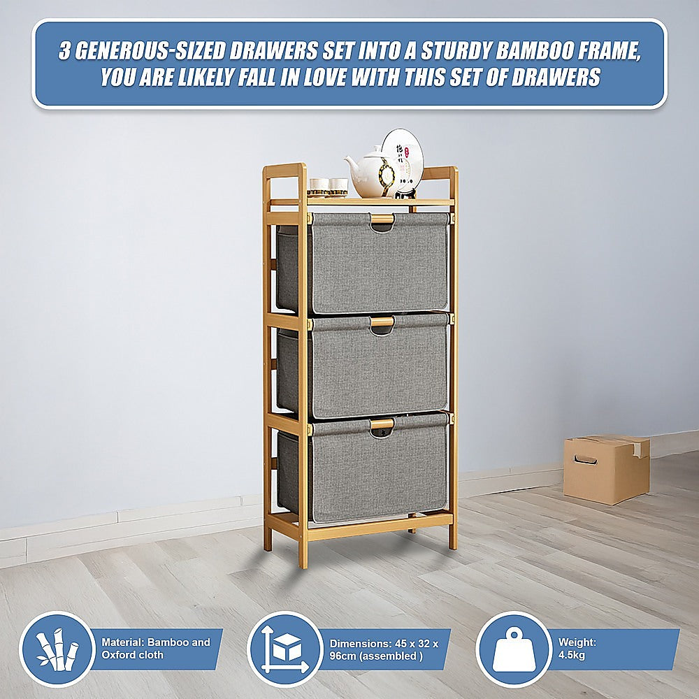 Bamboo Shelf with Storage Hamper – Wooden Organiser with 3 Laundry Bags