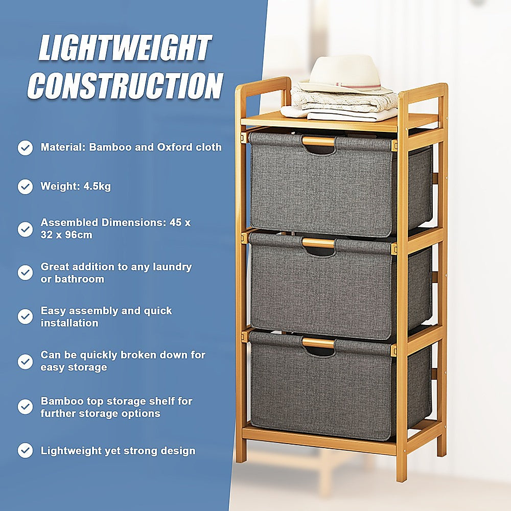 Bamboo Shelf with Storage Hamper – Wooden Organiser with 3 Laundry Bags