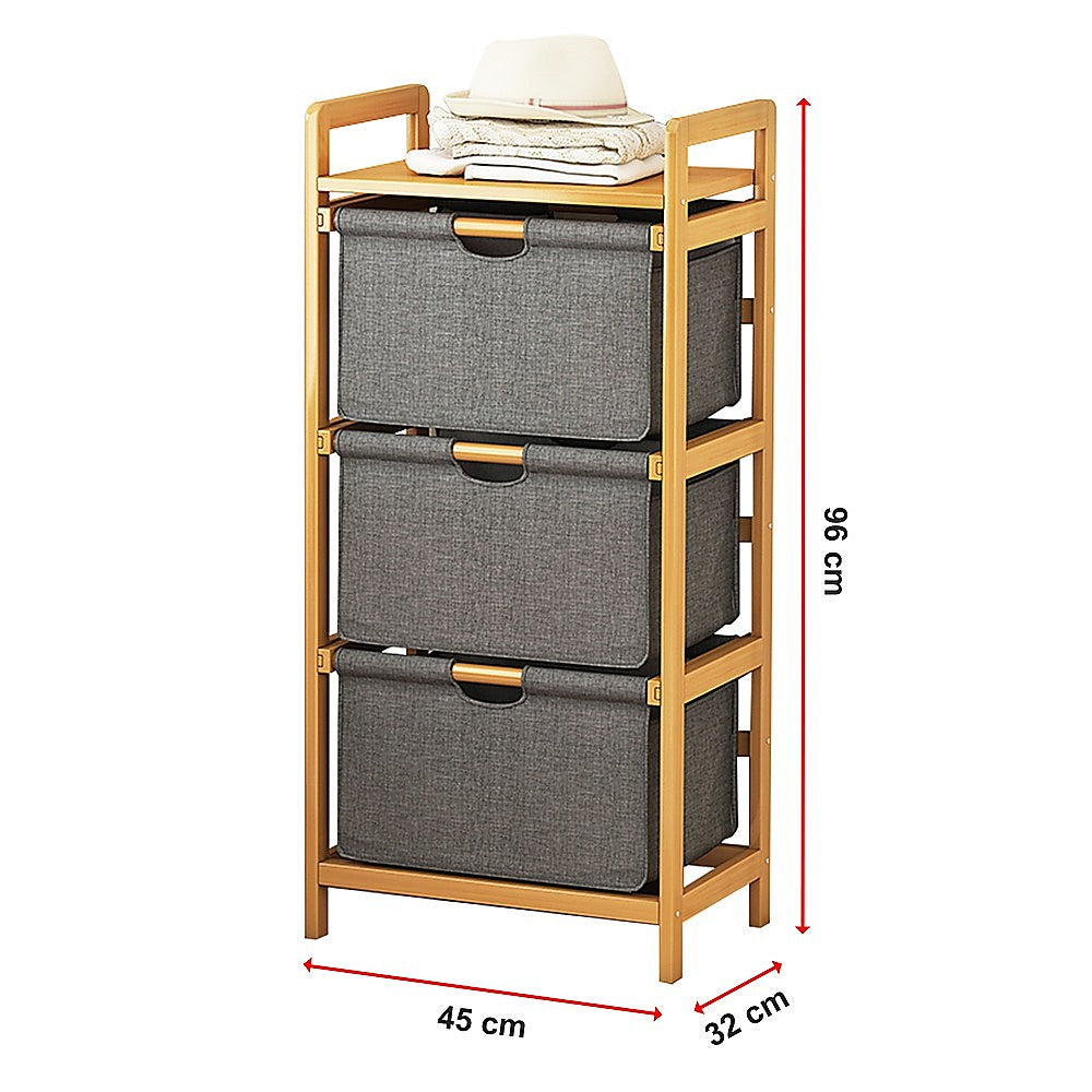 Bamboo Shelf with Storage Hamper – Wooden Organiser with 3 Laundry Bags