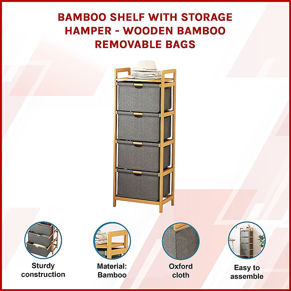 Bamboo Shelf with Storage Hamper – Wooden Organiser with 4 Laundry Bags