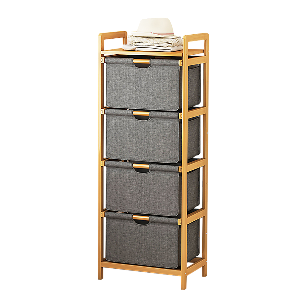Bamboo Shelf with Storage Hamper – Wooden Organiser with 4 Laundry Bags
