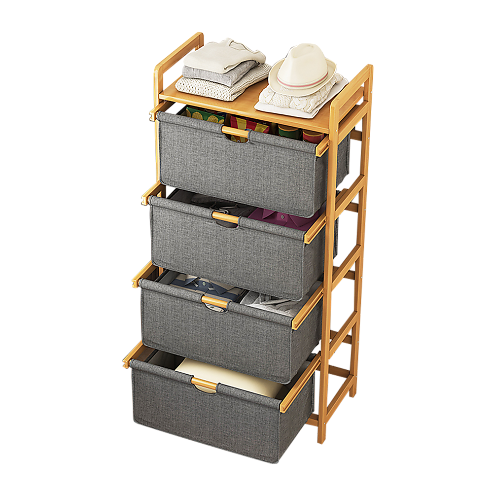 Bamboo Shelf with Storage Hamper – Wooden Organiser with 4 Laundry Bags