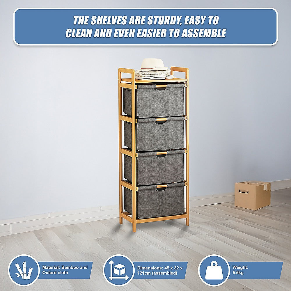 Bamboo Shelf with Storage Hamper – Wooden Organiser with 4 Laundry Bags