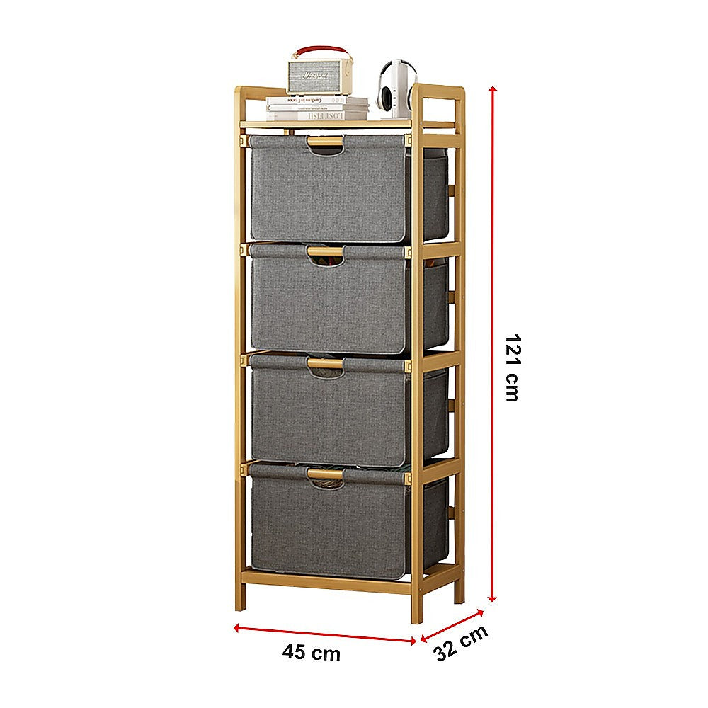 Bamboo Shelf with Storage Hamper – Wooden Organiser with 4 Laundry Bags