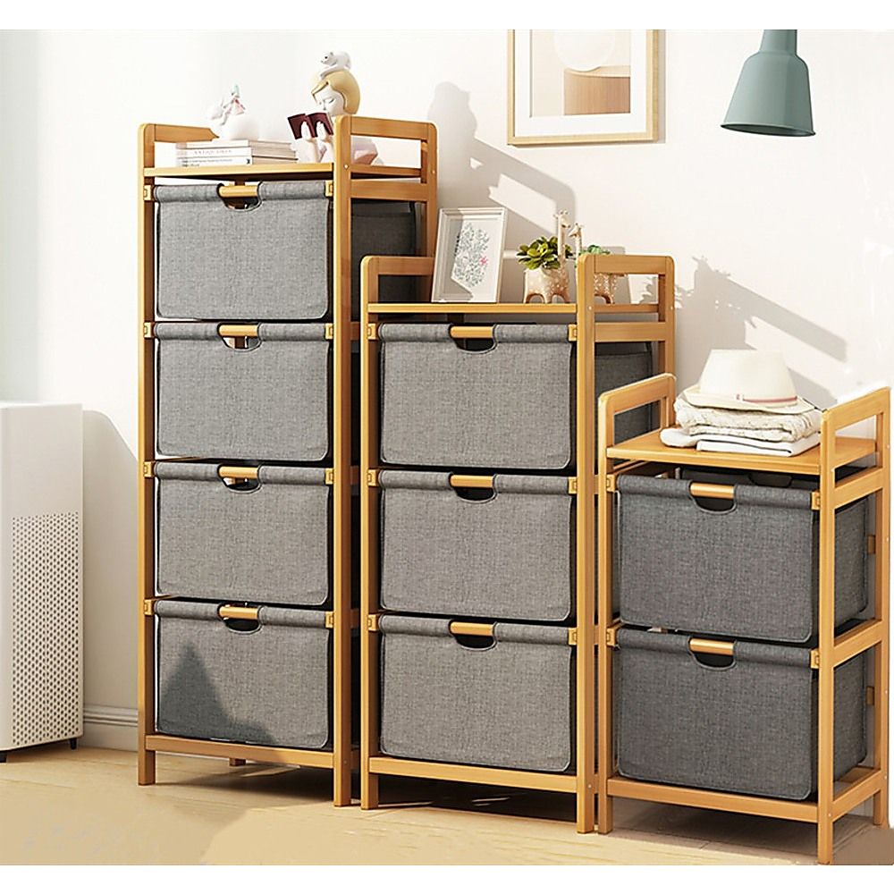 Bamboo Shelf with Storage Hamper – Wooden Organiser with Three-Set Rack Laundry Bags