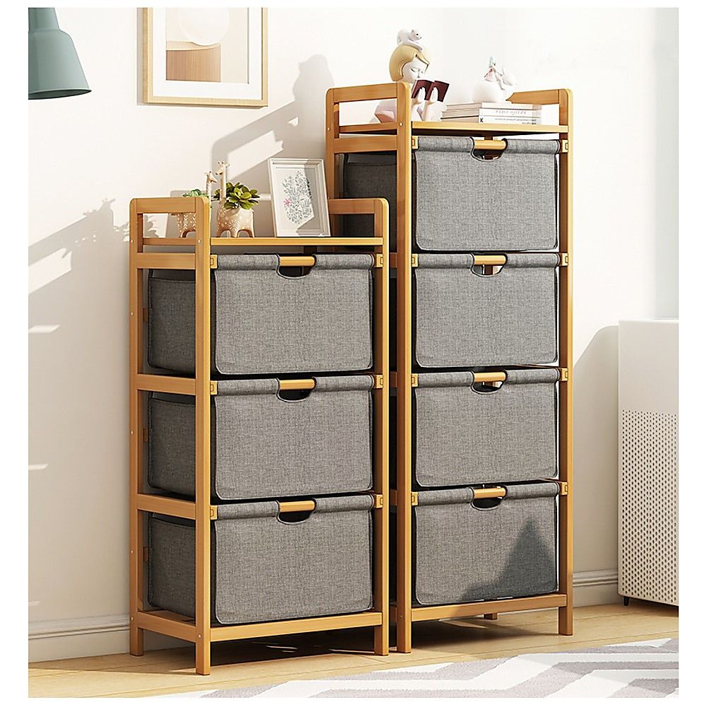 Bamboo Shelf with Storage Hamper – Wooden Organiser with Three-Set Rack Laundry Bags