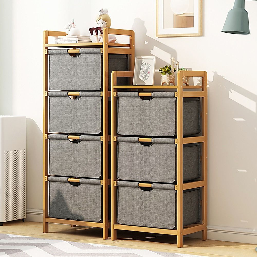 Bamboo Shelf with Storage Hamper – Wooden Organiser with Three-Set Rack Laundry Bags