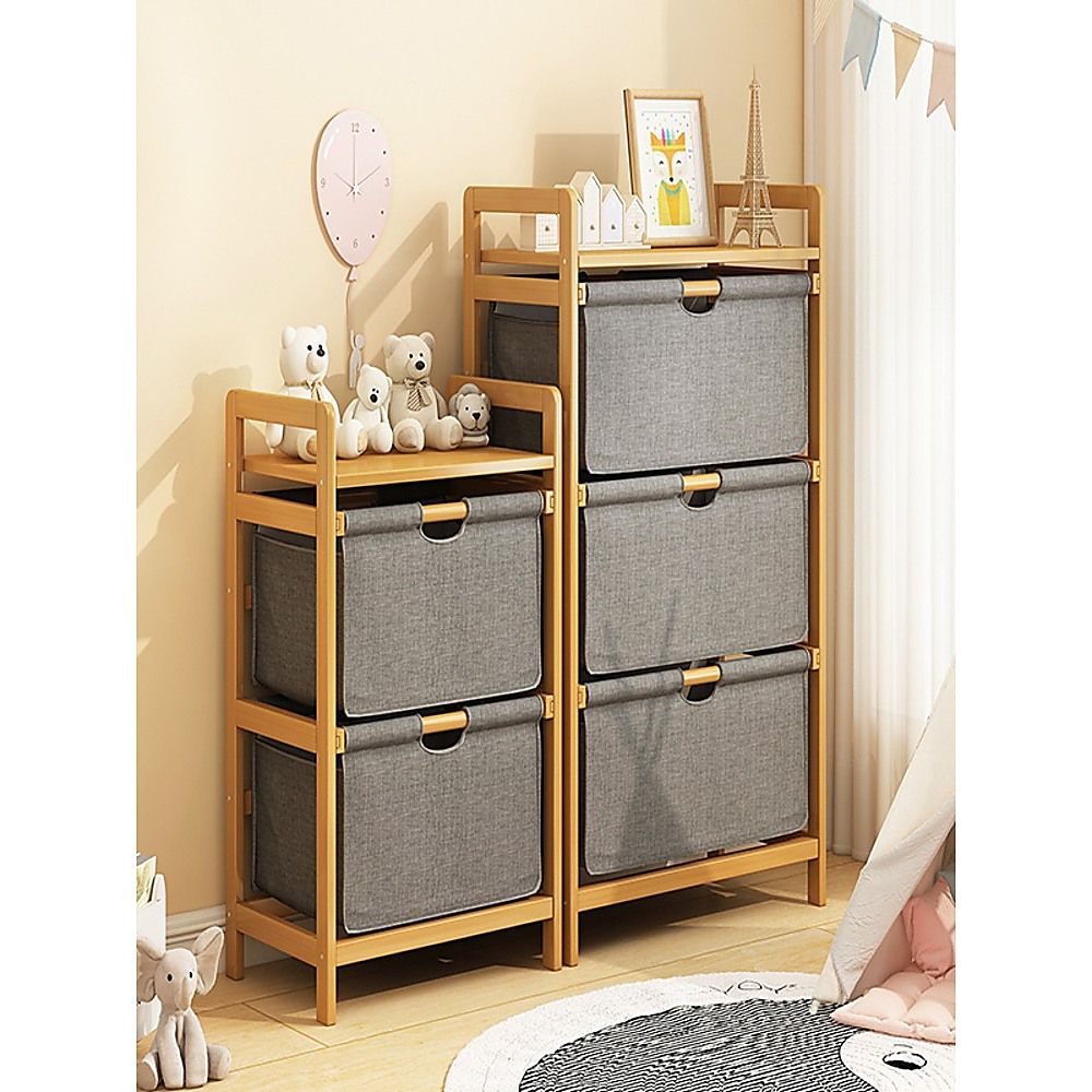 Bamboo Shelf with Storage Hamper – Wooden Organiser with Three-Set Rack Laundry Bags
