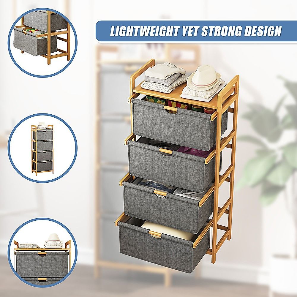 Bamboo Shelf with Storage Hamper – Wooden Organiser with Three-Set Rack Laundry Bags