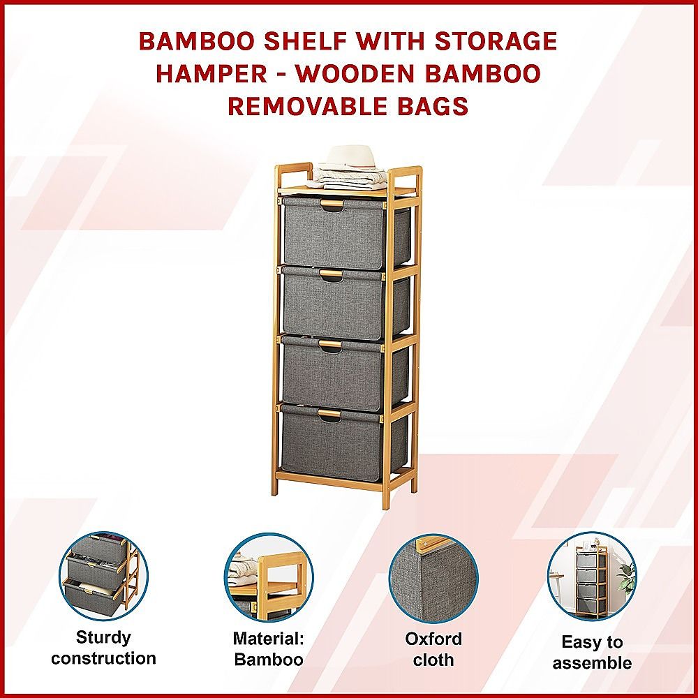 Bamboo Shelf with Storage Hamper – Wooden Organiser with Three-Set Rack Laundry Bags