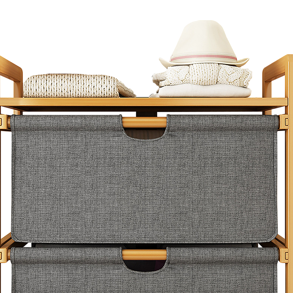 Bamboo Shelf with Storage Hamper – Wooden Organiser with Three-Set Rack Laundry Bags