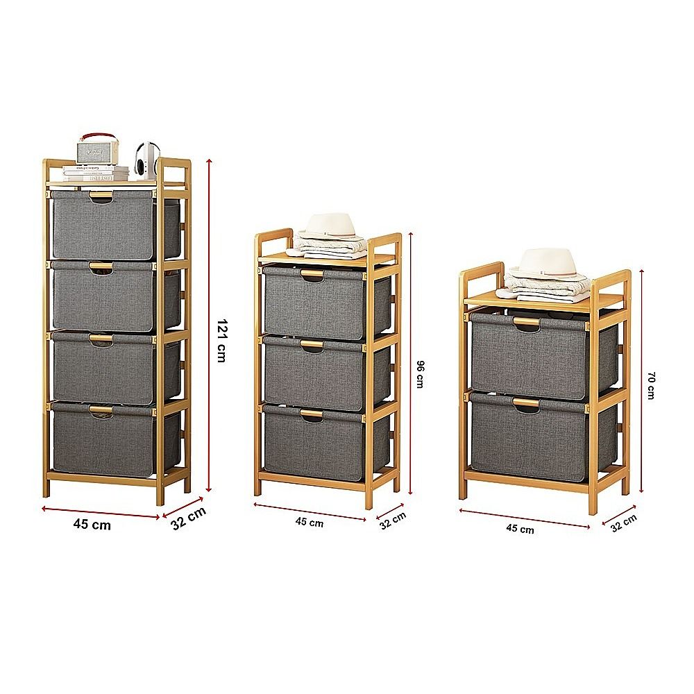 Bamboo Shelf with Storage Hamper – Wooden Organiser with Three-Set Rack Laundry Bags