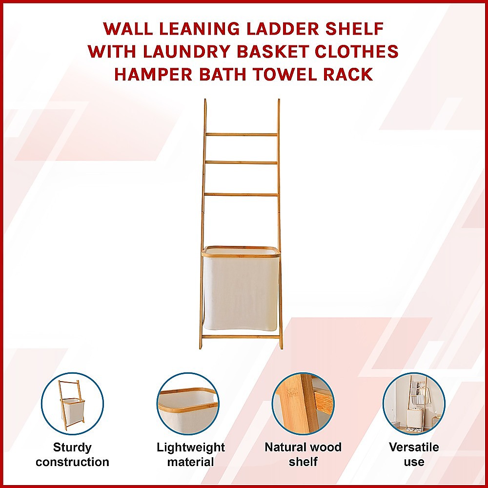 Wall Leaning Ladder Shelf with Laundry Basket Clothes Hamper
