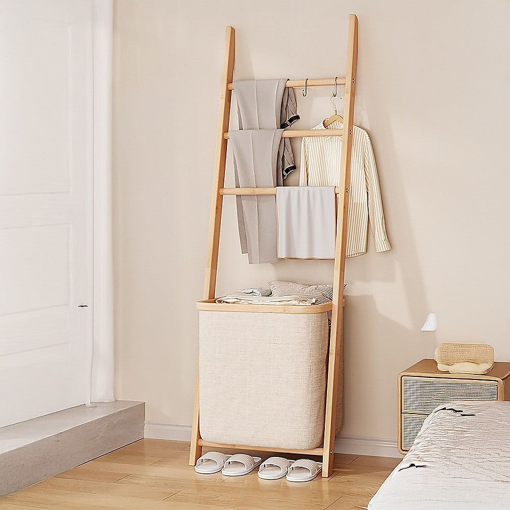 Wall Leaning Ladder Shelf with Laundry Basket Clothes Hamper