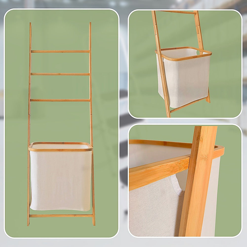 Wall Leaning Ladder Shelf with Laundry Basket Clothes Hamper