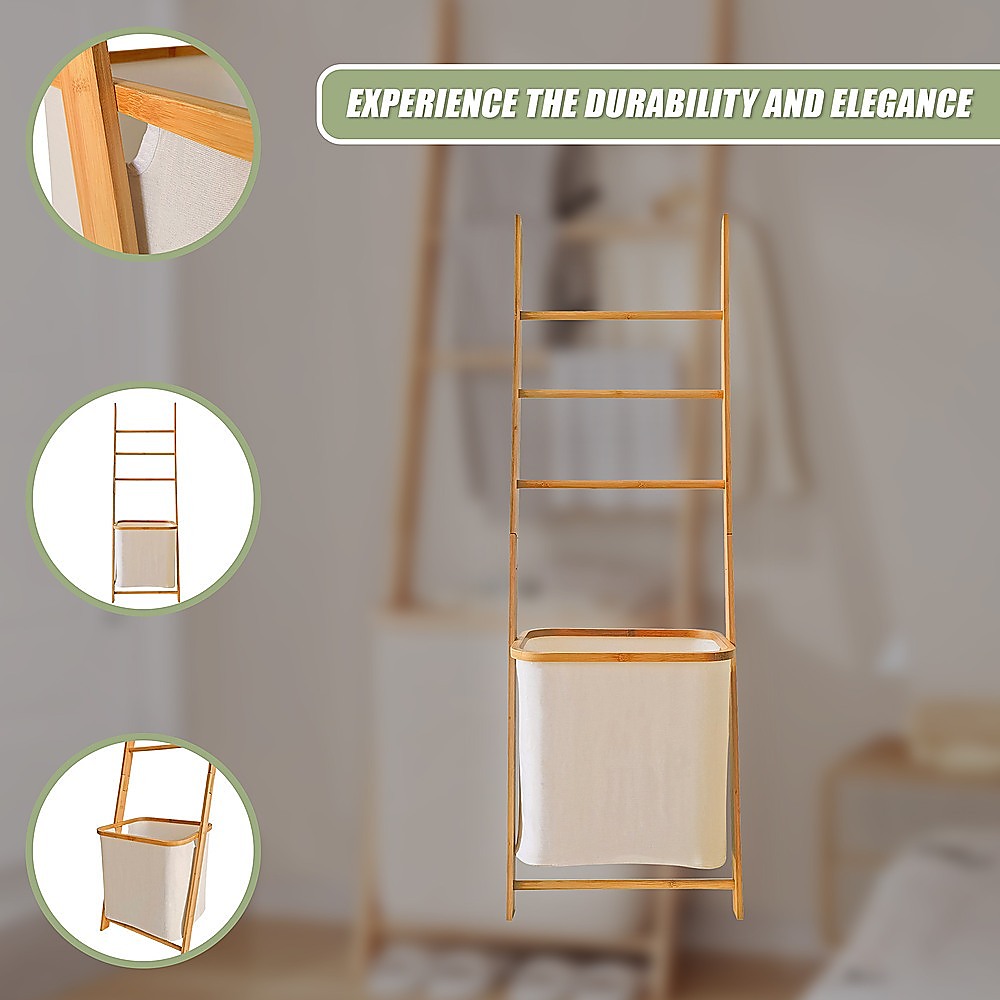 Wall Leaning Ladder Shelf with Laundry Basket Clothes Hamper