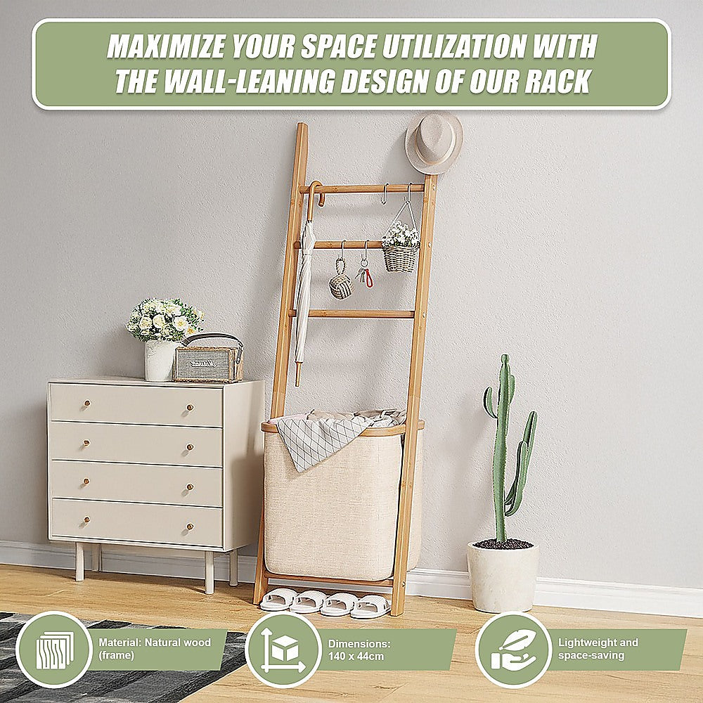 Wall Leaning Ladder Shelf with Laundry Basket Clothes Hamper
