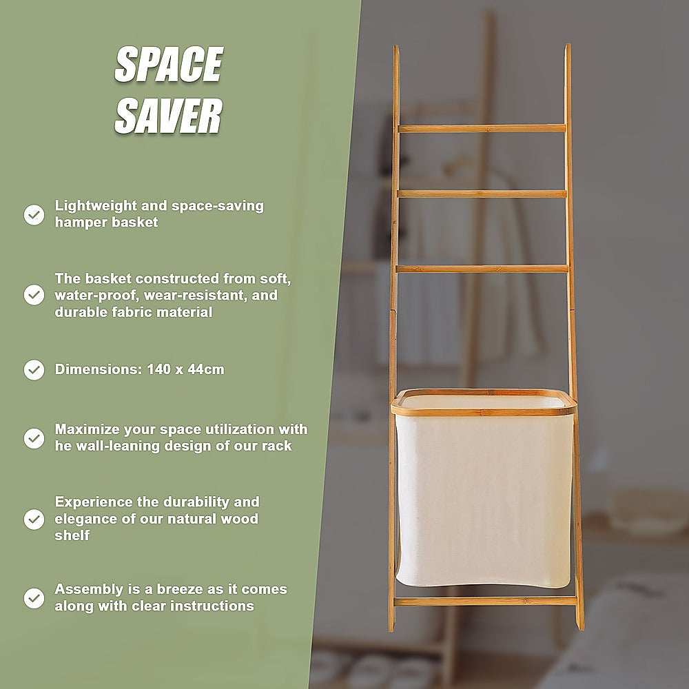 Wall Leaning Ladder Shelf with Laundry Basket Clothes Hamper