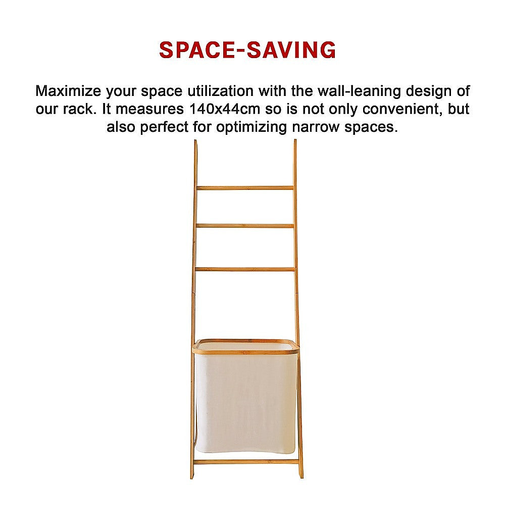 Wall Leaning Ladder Shelf with Laundry Basket Clothes Hamper