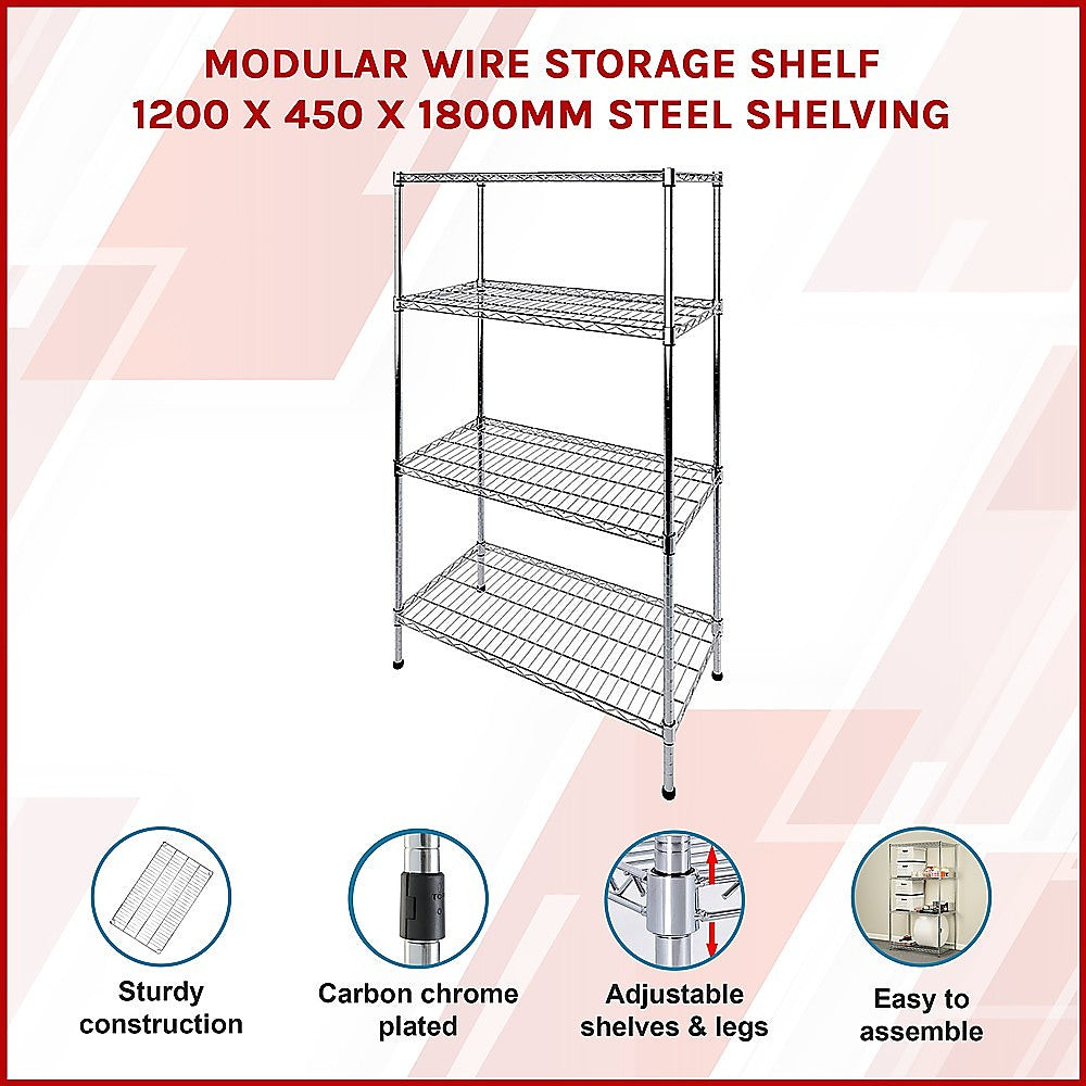 Modular Wire Storage 120x45cm Steel Shelving Chrome With Fixed Legs For Garage Kitchen Or Retail Storage