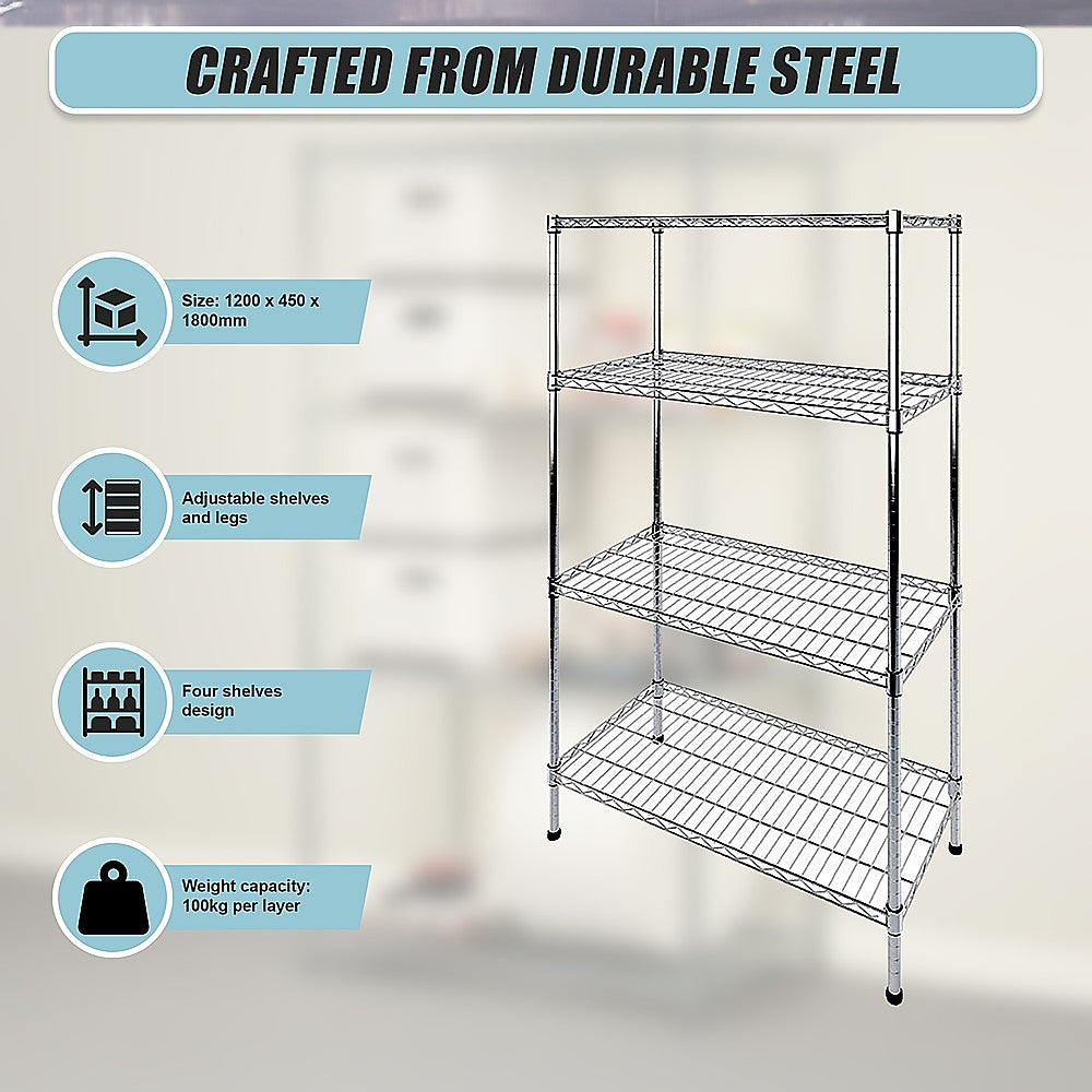 Modular Wire Storage 120x45cm Steel Shelving Chrome With Fixed Legs For Garage Kitchen Or Retail Storage