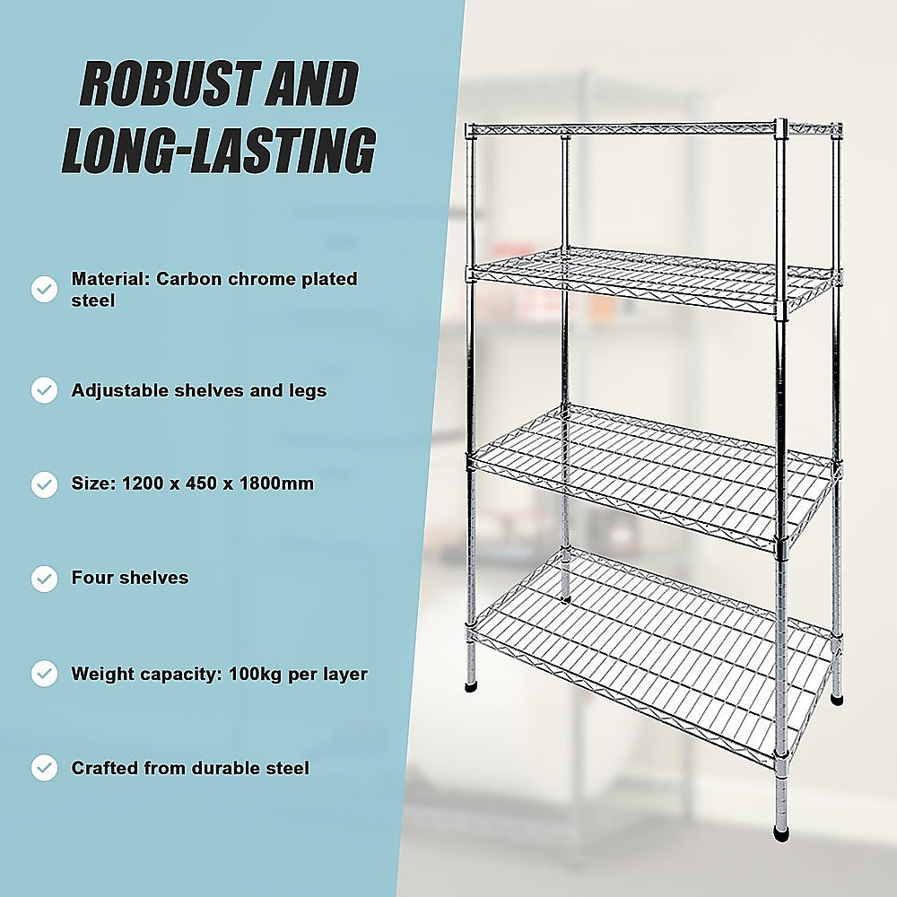 Modular Wire Storage 120x45cm Steel Shelving Chrome With Fixed Legs For Garage Kitchen Or Retail Storage