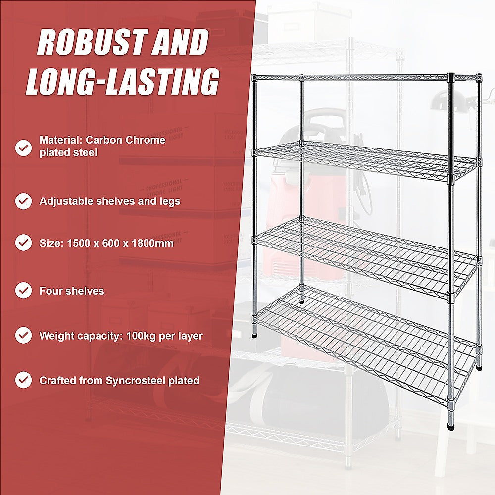 Modular Wire Storage 150x60cm Steel Shelving Chrome With Fixed Legs For Garage Warehouse Or Kitchen Organisation