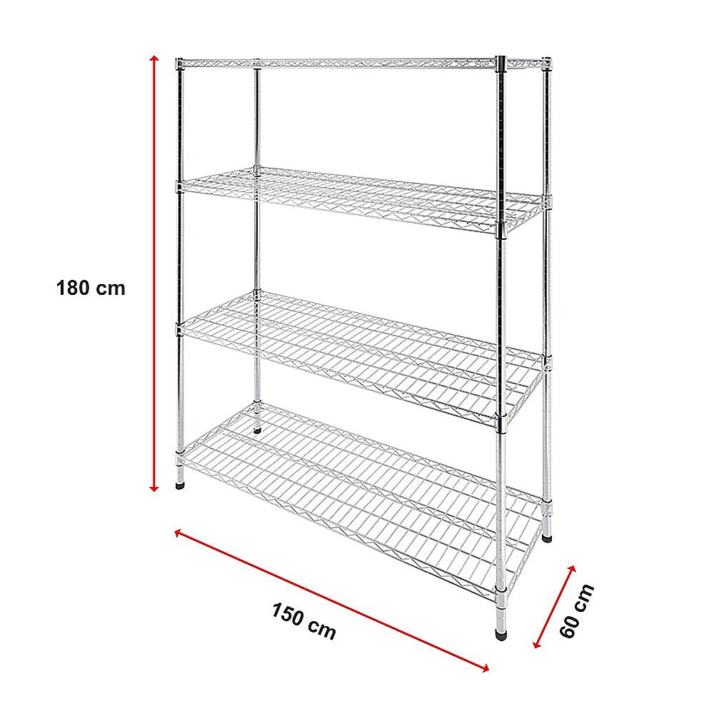 Modular Wire Storage 150x60cm Steel Shelving Chrome With Fixed Legs For Garage Warehouse Or Kitchen Organisation