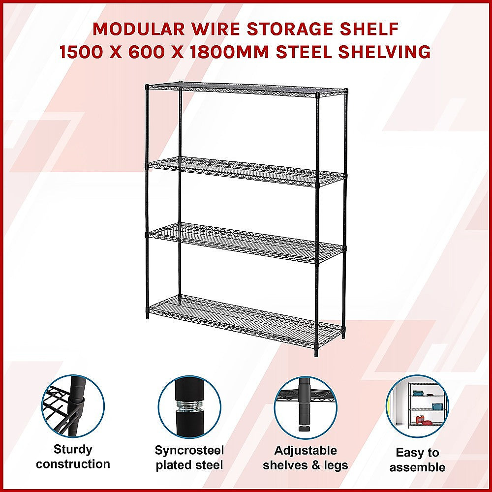 Modular Wire Storage 150x60cm Steel Shelving Black With Fixed Legs For Garage Warehouse Or Kitchen Organisation