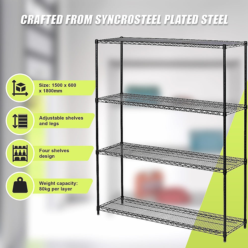 Modular Wire Storage 150x60cm Steel Shelving Black With Fixed Legs For Garage Warehouse Or Kitchen Organisation
