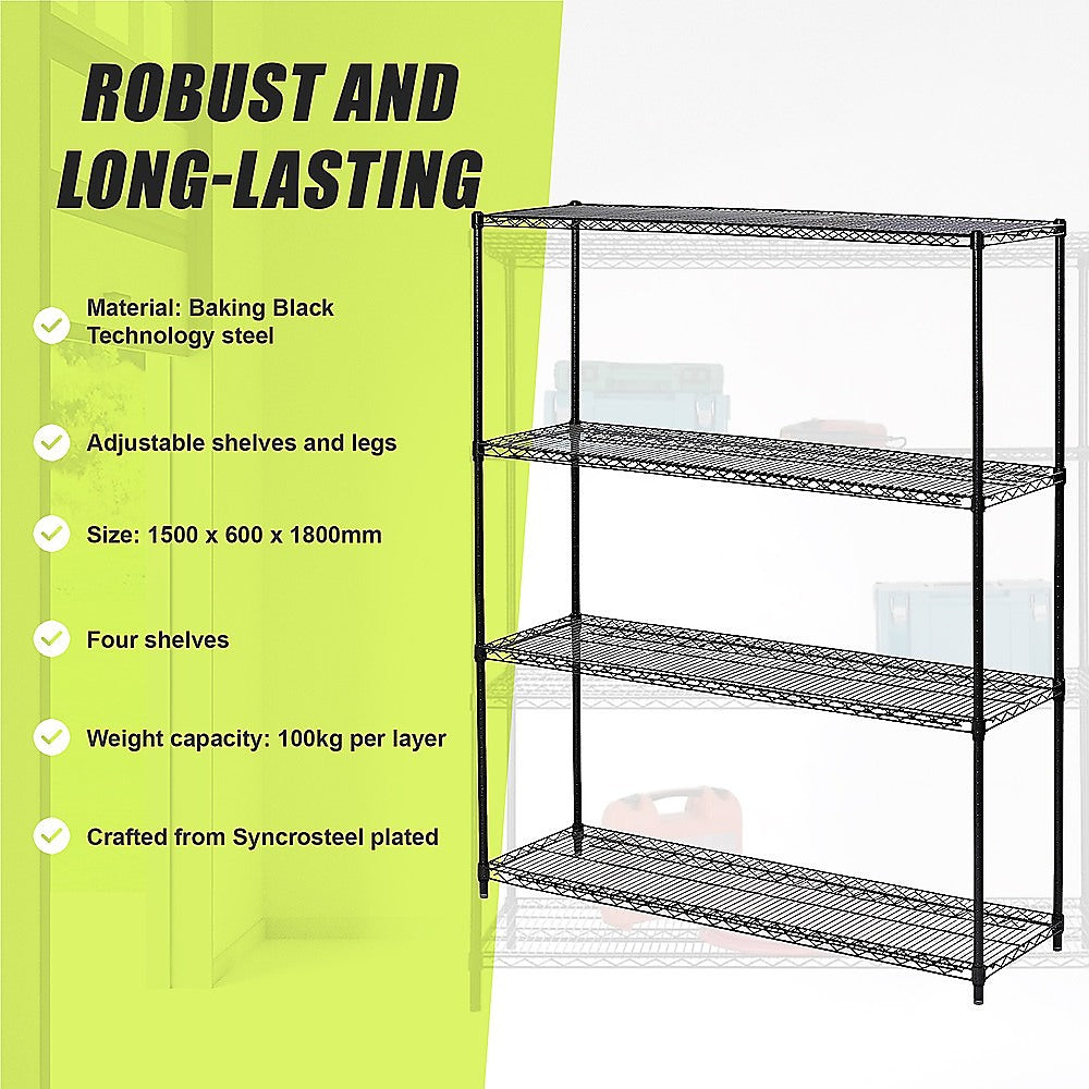 Modular Wire Storage 150x60cm Steel Shelving Black With Fixed Legs For Garage Warehouse Or Kitchen Organisation